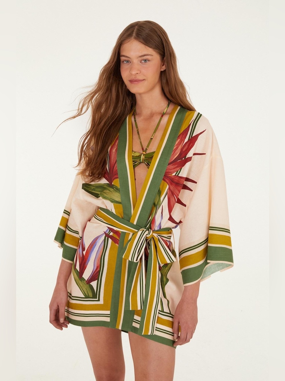 FARM Rio Cream Green Striped Tropical Kimono Swim Coverup Birds of Paradise
